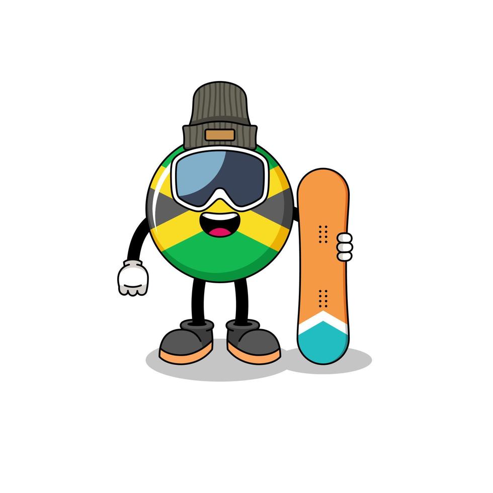 maskot tecknad serie av jamaica flagga snowboard spelare vektor