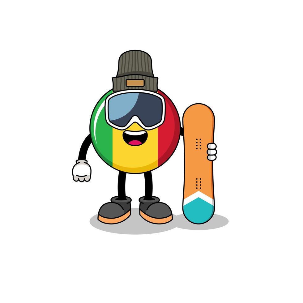 maskot tecknad serie av mali flagga snowboard spelare vektor