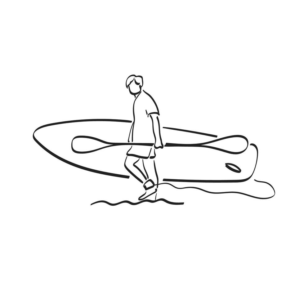 Mann hält Paddelbrett am Strand Illustration Vektor handgezeichnet isoliert auf weißem Hintergrund Strichzeichnungen.