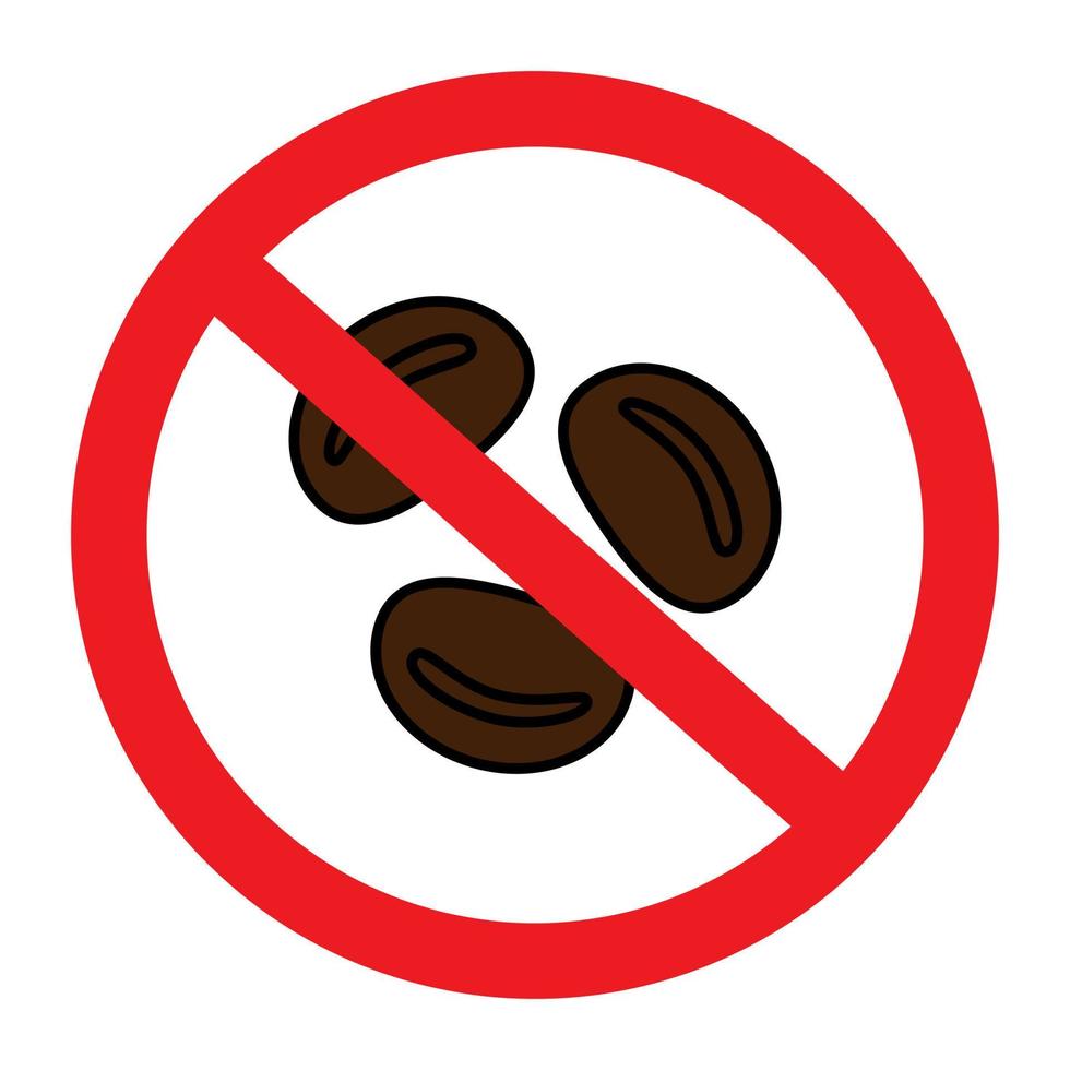 Kaffeebohnen unter dem Verbot. entkoffeiniert. Bild eines Verbotsschildes mit Kaffeebohnen. Aufkleber vektor