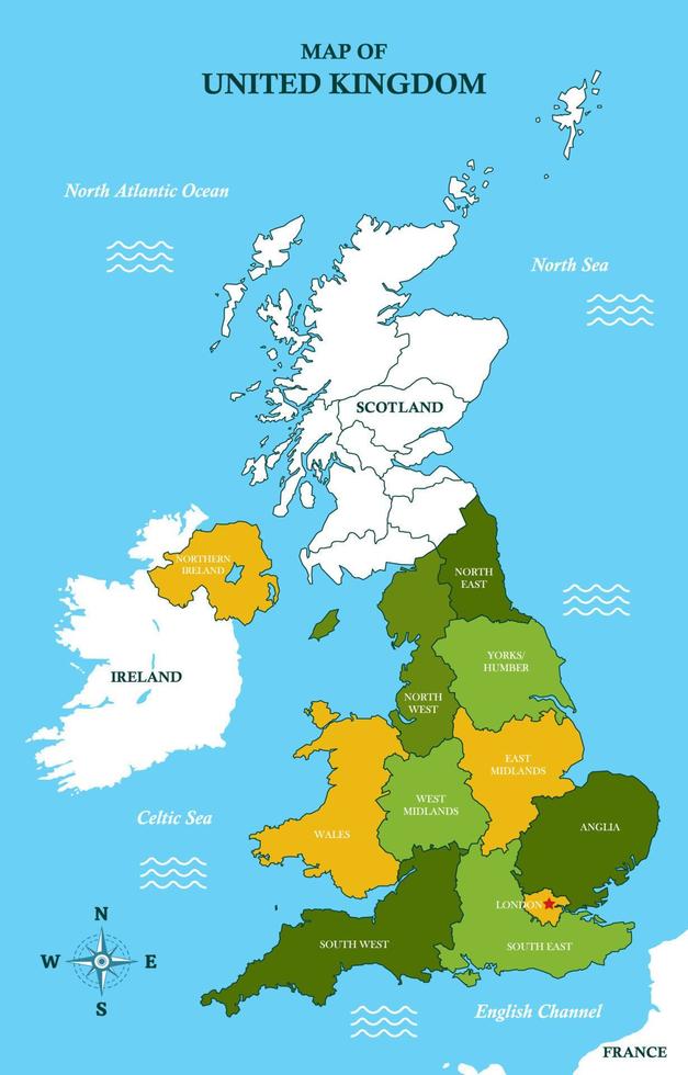Karte des Vereinigten Königreichs mit detailliertem Ländernamen vektor
