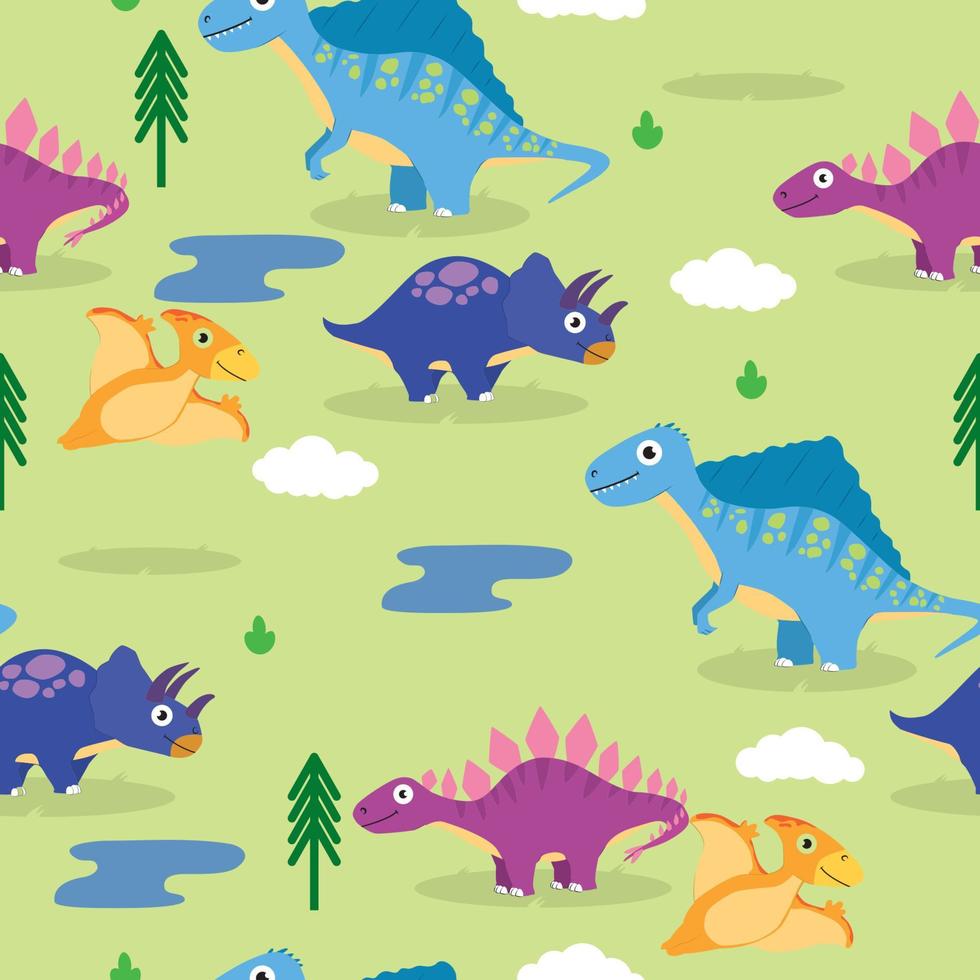 sömlös dinosaurie mönster med träd, moln, och vatten prydnad vektor illustrationer eps10