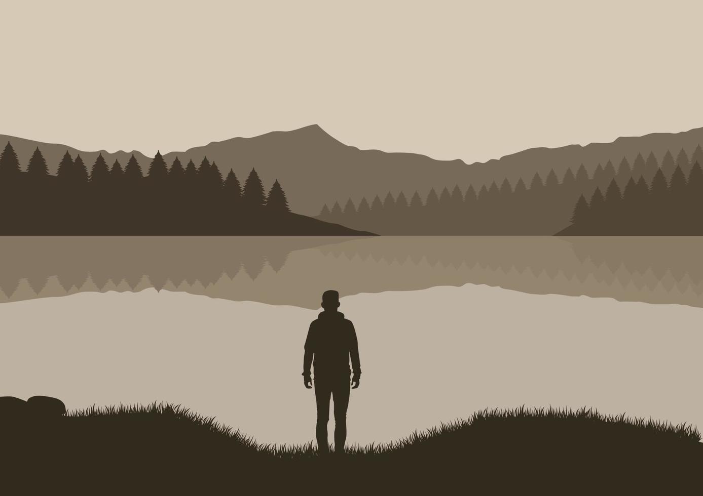 Silhouette eines Mannes, der am Ufer des Sees und der Berge steht. Vektor-Illustration vektor