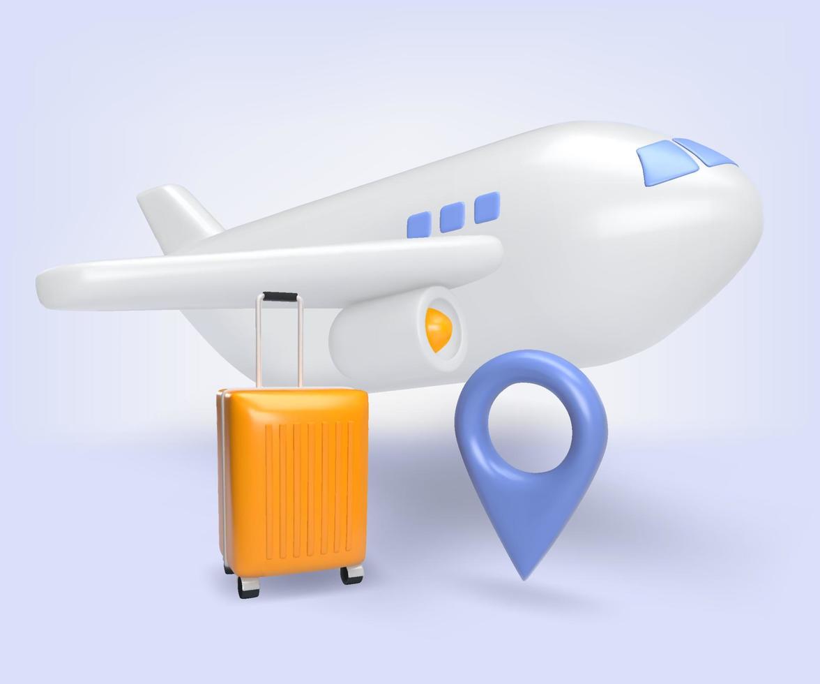 3D-Vektor von Flugzeug, Gepäck und Pin-Position. Rendern Sie Elemente von Tourismus und Reisen vektor