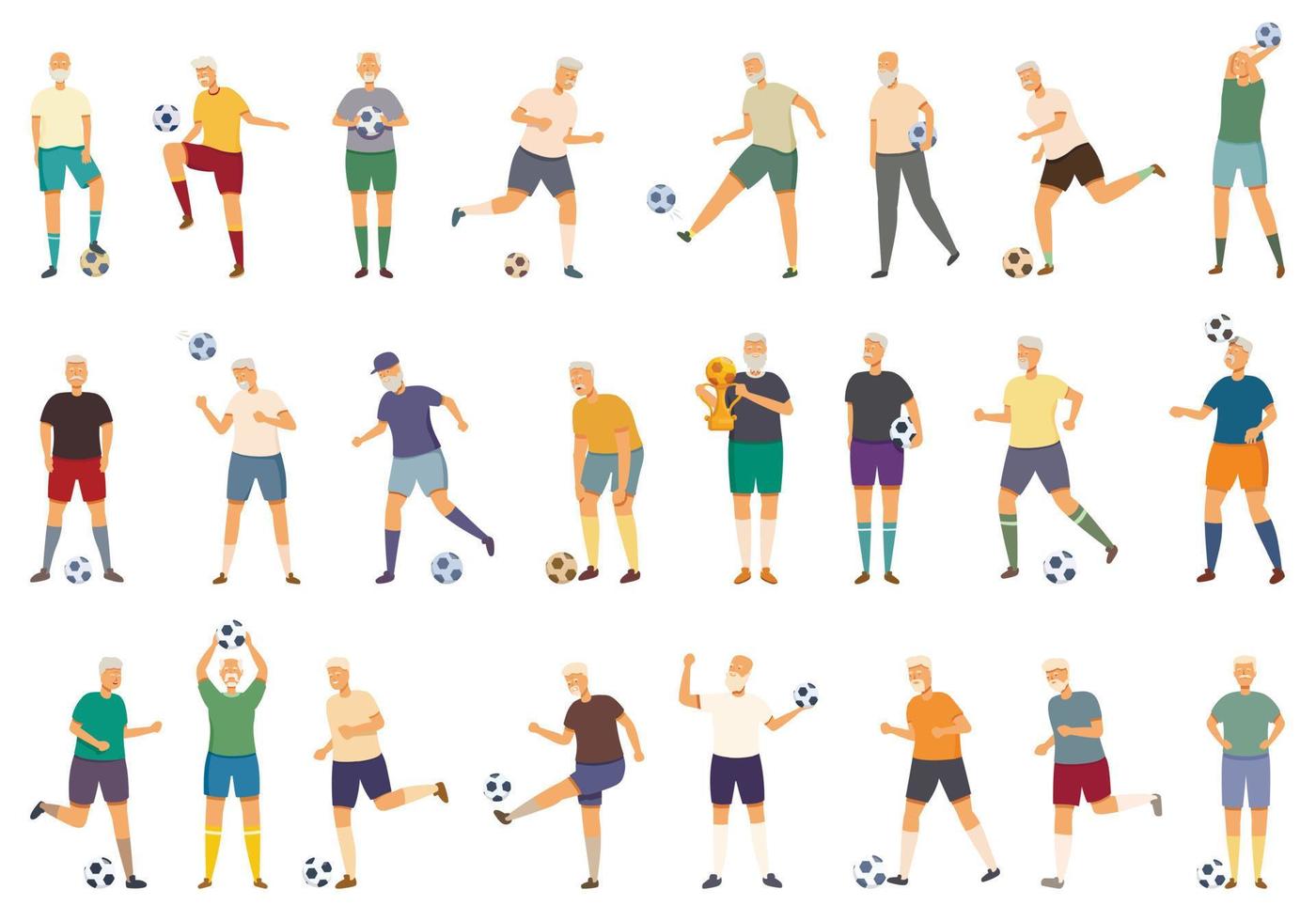 ältere Menschen spielen Fußball-Icons Set Cartoon-Vektor. Fußballmann vektor