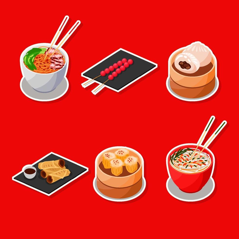 uppsättning klistermärke som innehåller sex kinesiska livsmedel för nytt år vektor