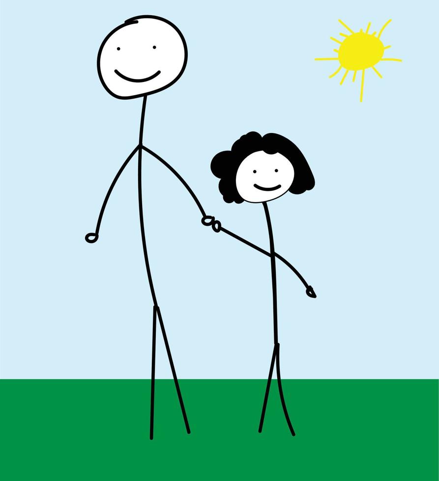 far och dotter, stickman stil för far och dotter gående tillsammans, lämplig för fars dag hälsning kort, far och dotter teckning vektor fil, blå himmel och Sol och grön gräs