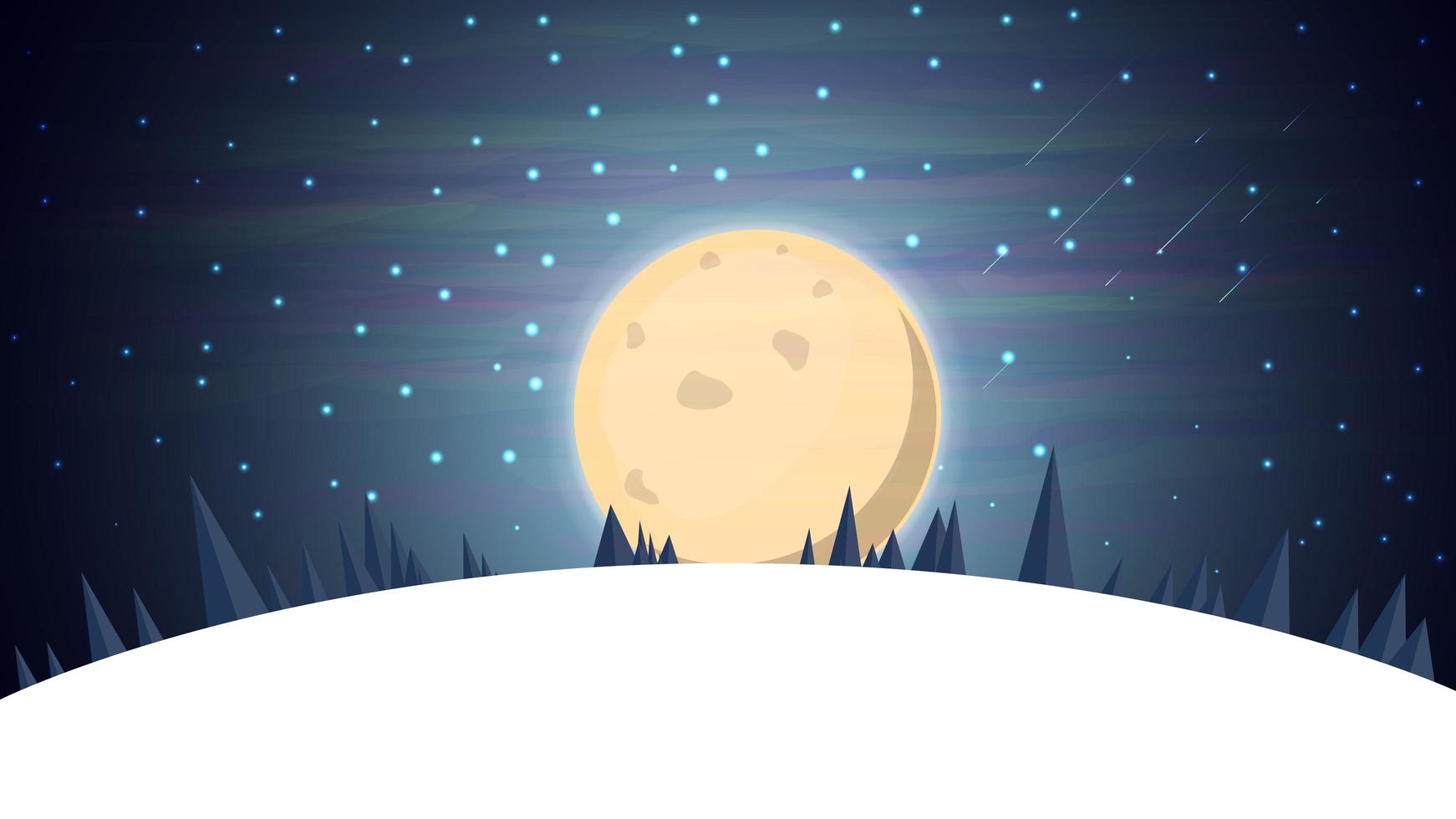 Cartoon Winterlandschaft mit Fichte, blauem Sternenhimmel und großem Vollmond für Ihre Künste. Vektorhintergrund mit Nachtwinterlandschaft vektor