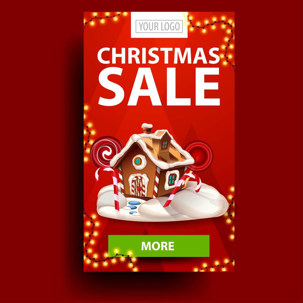 Weihnachtsverkauf, vertikales rotes Rabattbanner mit Girlande, Knopf und Weihnachtslebkuchenhaus vektor
