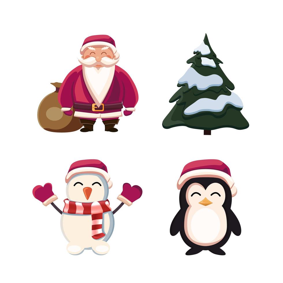 Weihnachtsmann, Weihnachtsbaum, Schneemänner und Pinguin. Karikaturweihnachtsfiguren lokalisiert auf weißem Hintergrund vektor