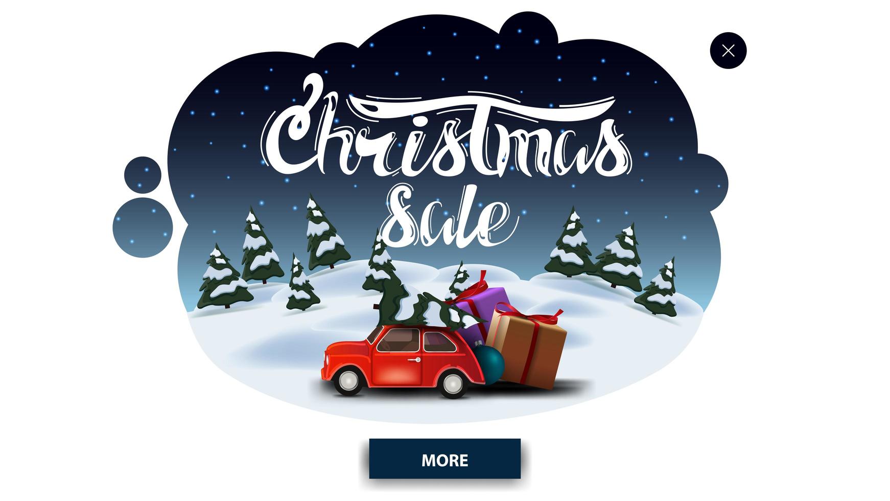 Weihnachtsverkauf, Rabattfahne in Form der abstrakten Wolke mit Winterkarikaturlandschaft und rotem Oldtimer, der Weihnachtsbaum trägt vektor