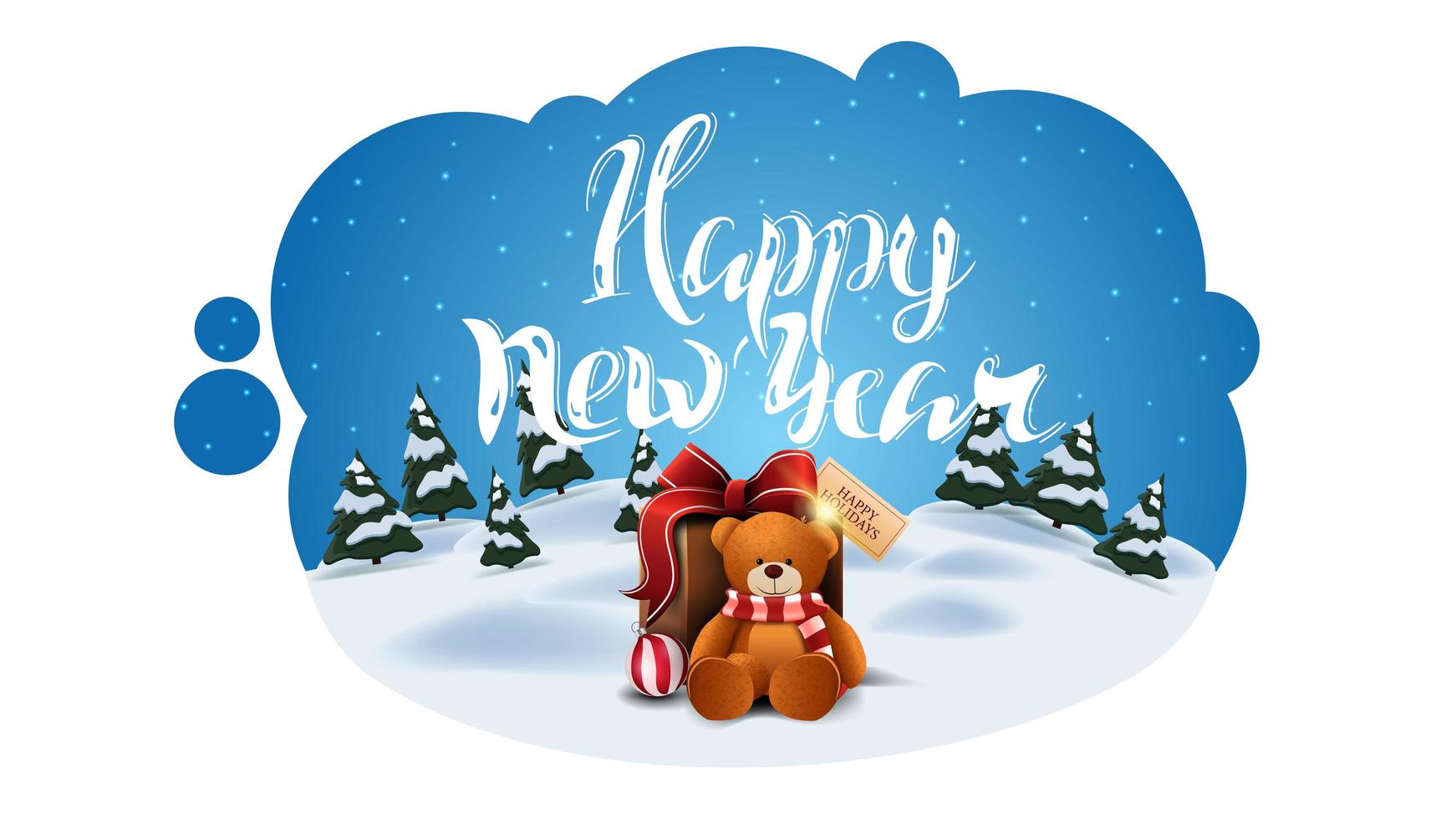 Frohes neues Jahr, Grußpostkarte in Form einer abstrakten Wolke mit Winterkarikaturlandschaft und Geschenk mit Teddybär vektor