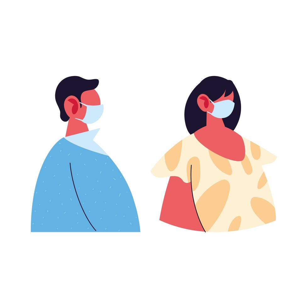 man och kvinna avatar tecknad med mask och pullover vektor design