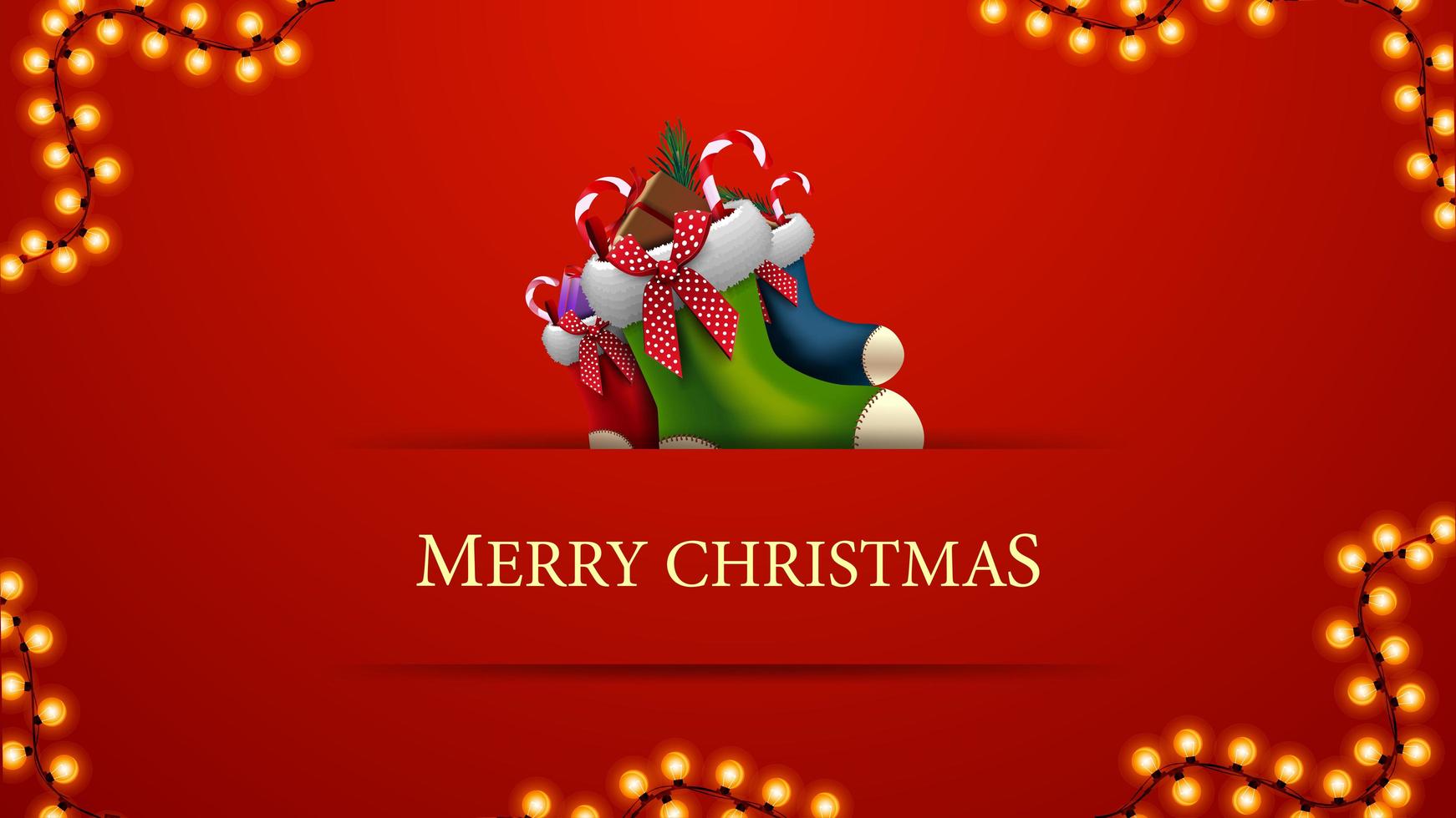 god jul, rött vykort i minimalistisk stil med julstrumpor och krans vektor