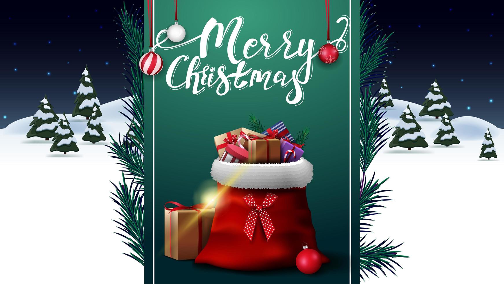 Frohe Weihnachten, Grußpostkarte mit Nachtwinterlandschaft und grünem vertikalem Band mit Weihnachtsmann-Tasche mit Geschenken vektor