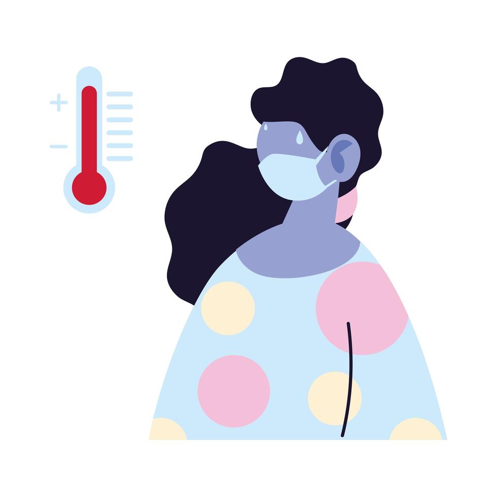 kvinna avatar tecknad med mask och termometer vektor design