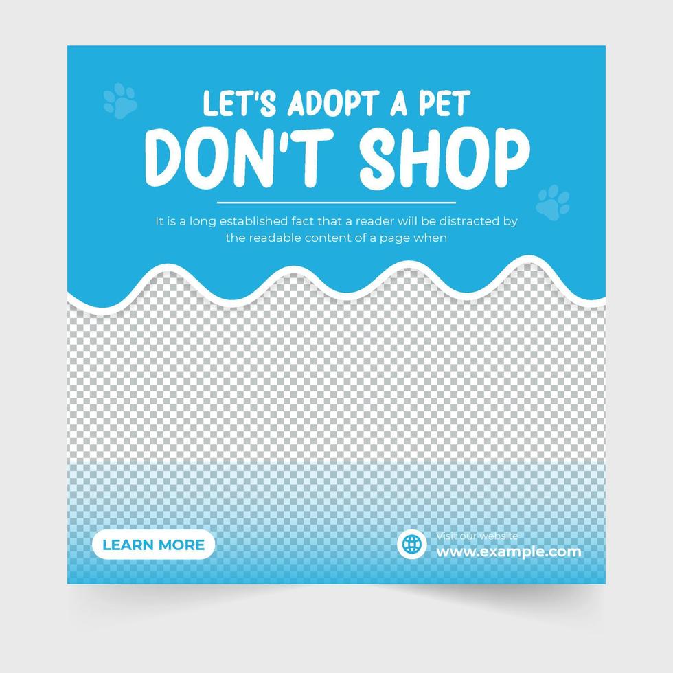 Design von Werbeplakaten für die Adoption von Haustieren für das Marketing. Web-Banner-Layoutvektor für Tierhandlungen und Tierheime. Tierpflegegeschäft Social Media Post Design mit blauen und lachsfarbenen Farben. vektor