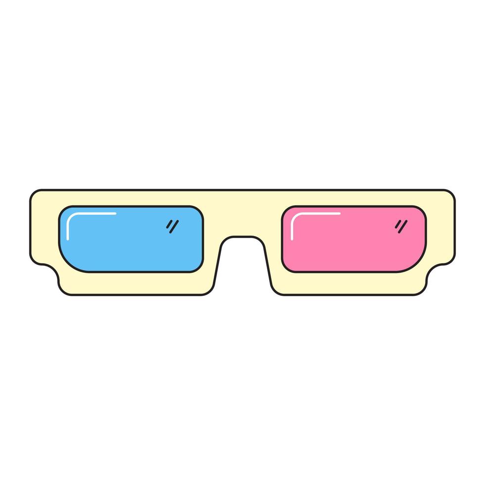 Brille für 3D-Kino im Retro-Stil der 90er Jahre. bunter Vektoraufkleber lokalisiert auf weißem Hintergrund. vektor