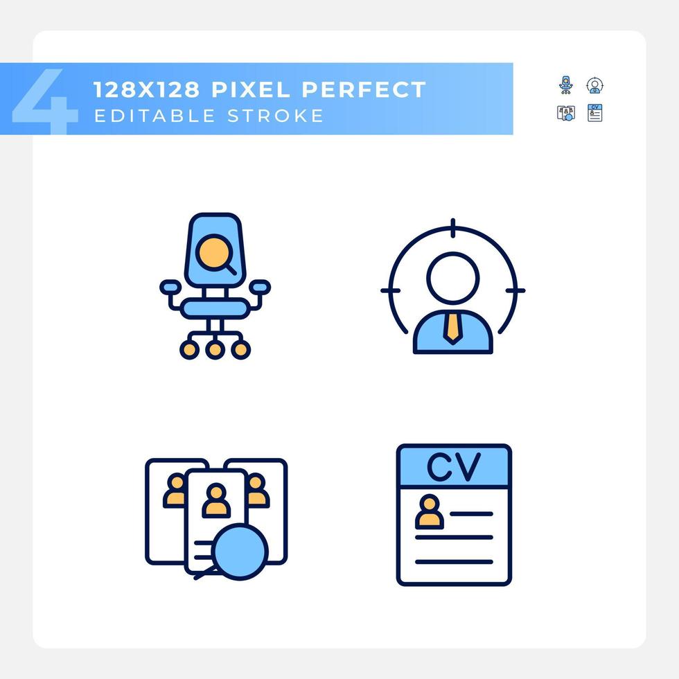 arbetstagare urval bearbeta pixel perfekt rgb Färg ikoner uppsättning. jobb placera. sökande återuppta. välja anställd. isolerat vektor illustrationer. enkel fylld linje ritningar samling. redigerbar stroke