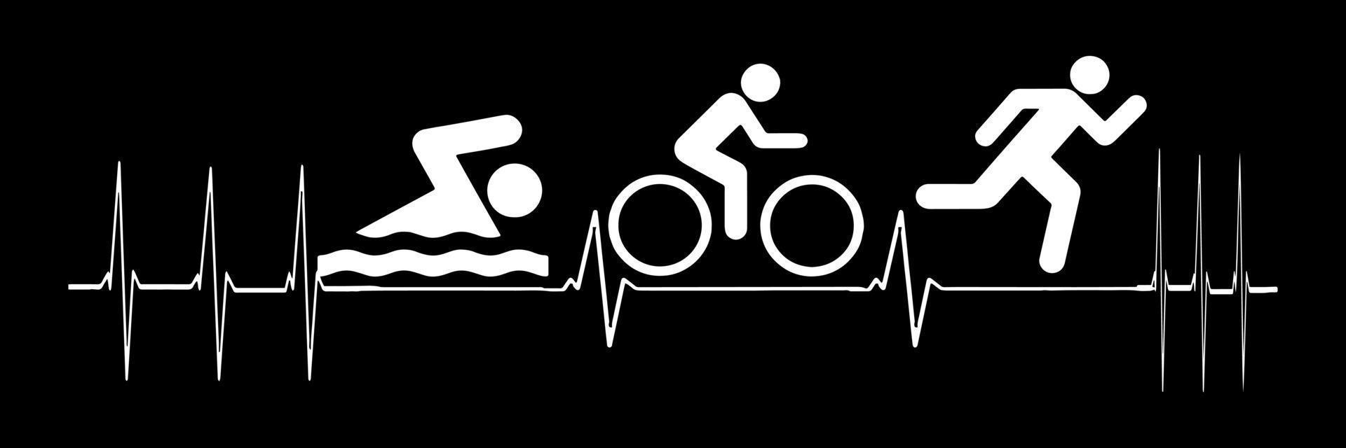 Herzschlag-Pulslinie mit Schwimmen, Radfahren und Laufen. Triathlon vektor