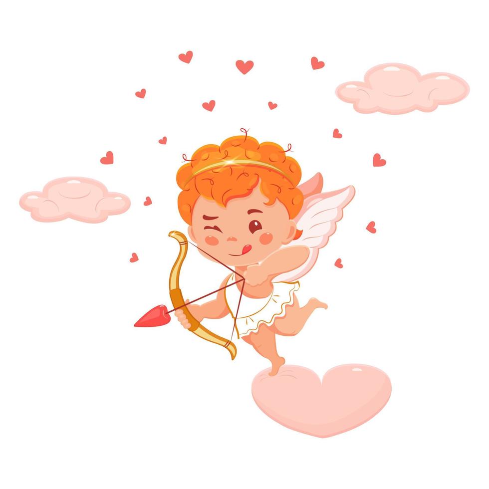 söt rödhårig cupid i rosa moln. kerub med pil och rosett. tecknad serie vektor illustration för valentine dag eller bröllop