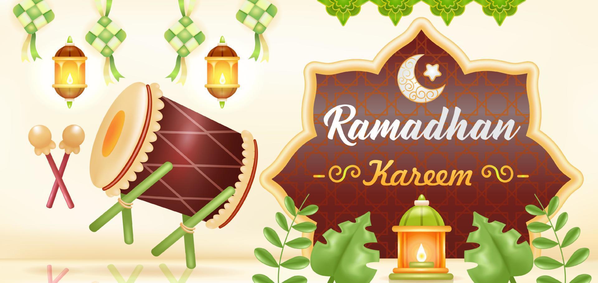 ramadan kareem. 3d illustration av en moské, lampa, trumma, podium, och en man bön- vektor