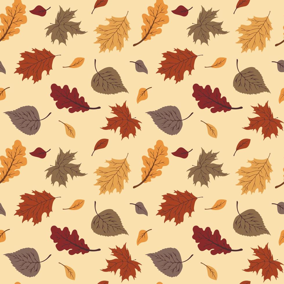 Schönes Herbstblattmuster in warmen Farben, nahtlose Wiederholung. trendiger flacher Stil. ideal für Hintergründe, Wohnkultur usw. vektor