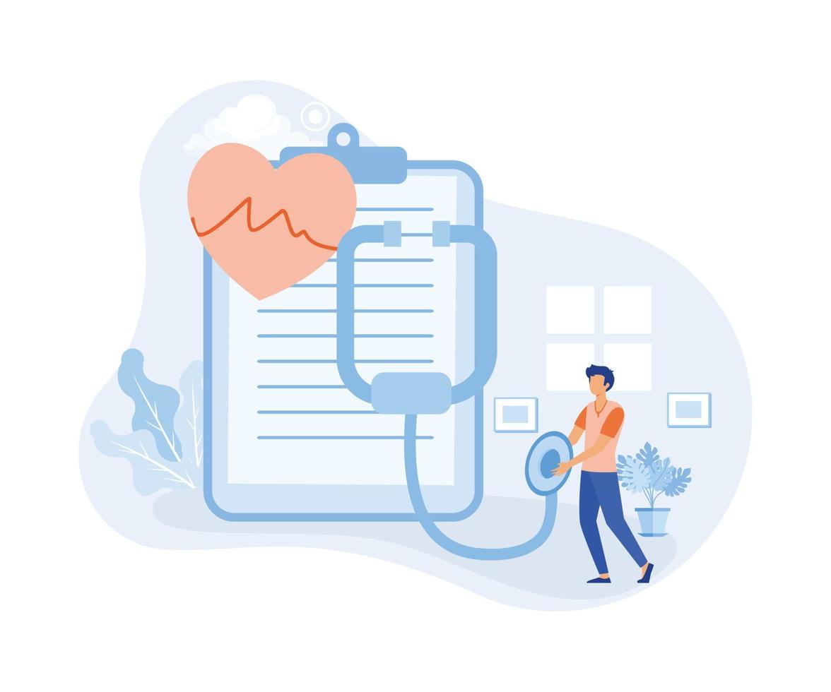 Screening von Herzkrankheiten und diagnostische Darstellung. der arzt überprüft den blutdruck und untersucht das kardiogramm und den puls auf dem ekg-monitor. Gesundheits- und Medizinkonzept. flache vektorillustration vektor