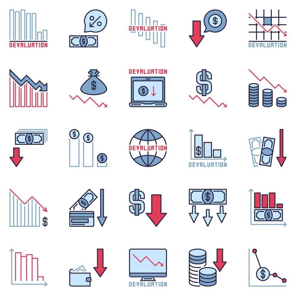 devalvering färgad ikoner. vektor uppsättning av valuta avskrivning tecken