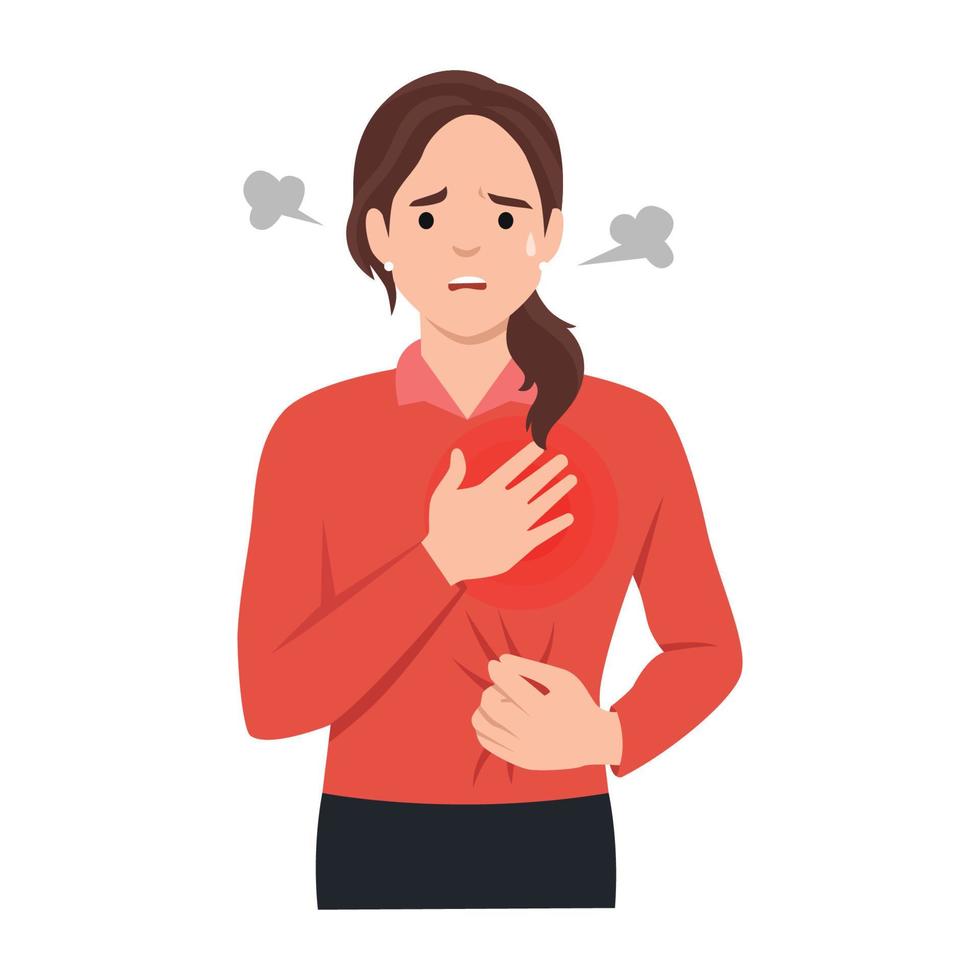 kvinna känna bröst smärta. hjärta ge sig på eller symptom av hjärta sjukdom. aning av hälsa fara och sjukdom. 2019-ncov symptom. virus förebyggande och skydd. platt vektor illustration isolerat