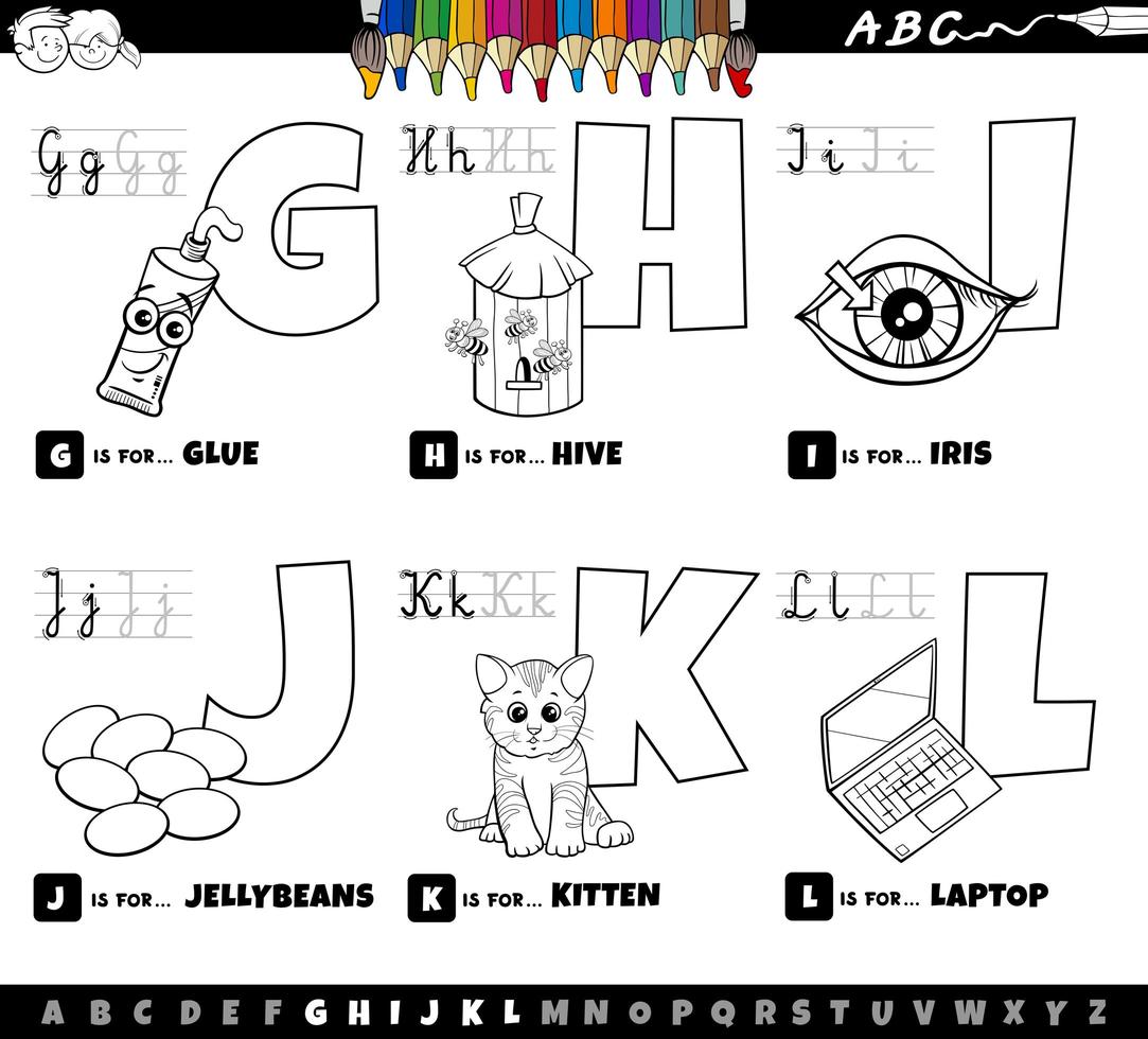 pädagogisches Cartoon Alphabet Set Malbuch vektor