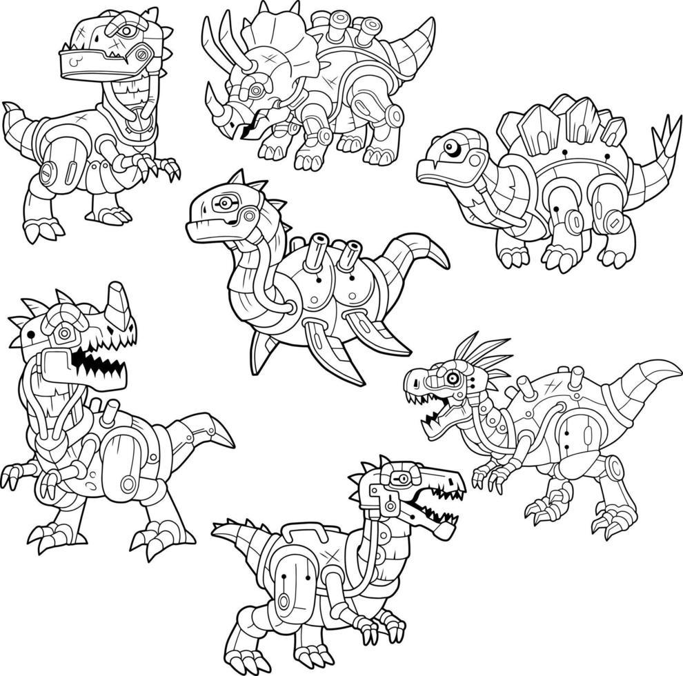 lustige roboterdinosaurier der karikatur, satz von bildern vektor