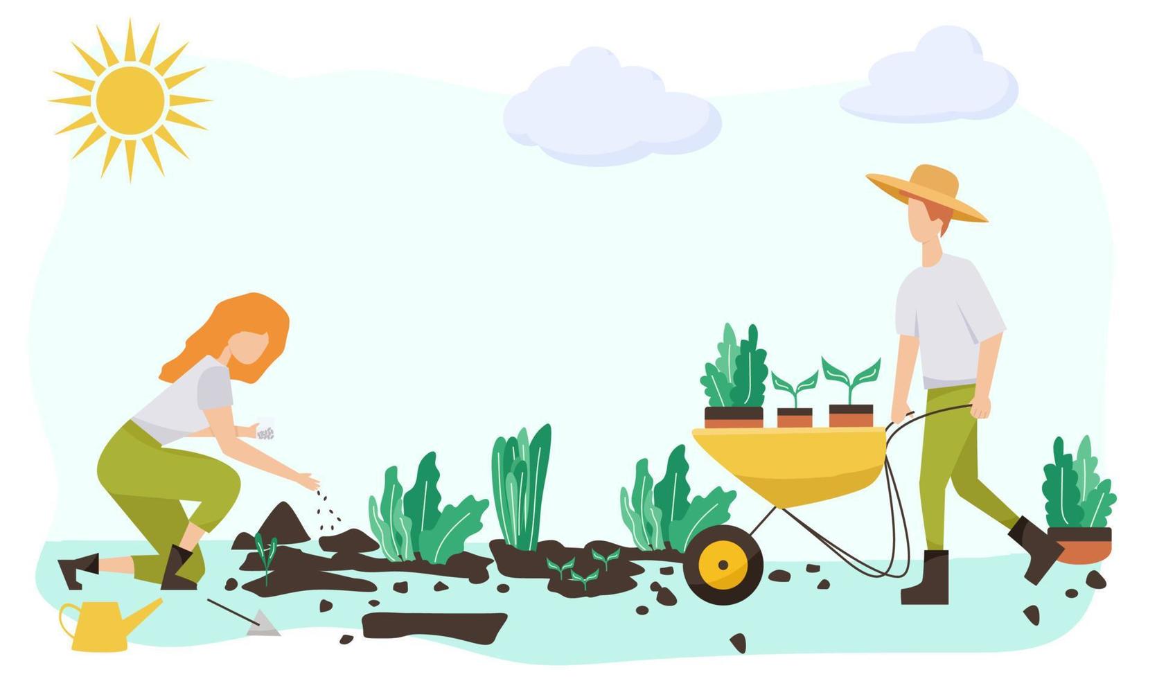 Gartenmenschen Frühling. flache vektorkonzeptillustration frauen, die hobbygartenarbeit tun. frühlingsgartenarbeitskonzept vektor