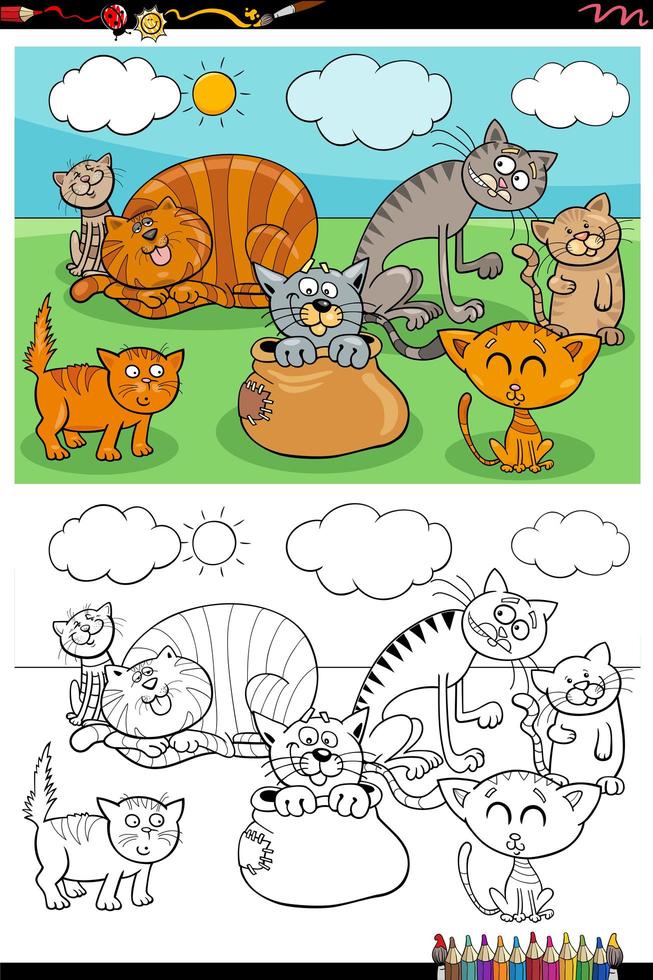 tecknade roliga katter grupp målarbok sida vektor
