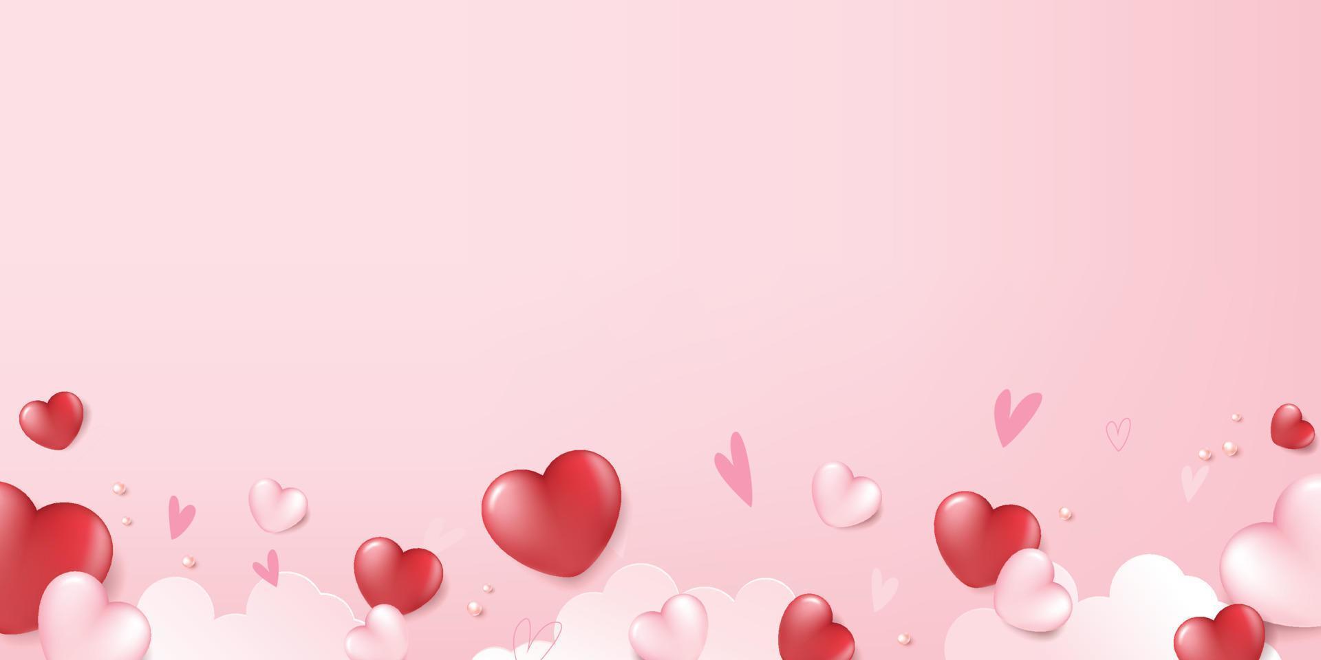 valentinstagkartenfahne mit herzkonfetti, das über rosa wolkenhintergrund fällt vektor