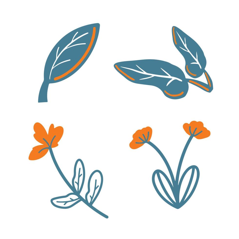 blaue und orange einfache flache vektorillustration für die sammlung der dekorationselementsätze lokalisiert auf quadratischem weißem hintergrund. Blumen- und Blätterdekor. Gartenelement-Symbol für Frühlingsthema. vektor