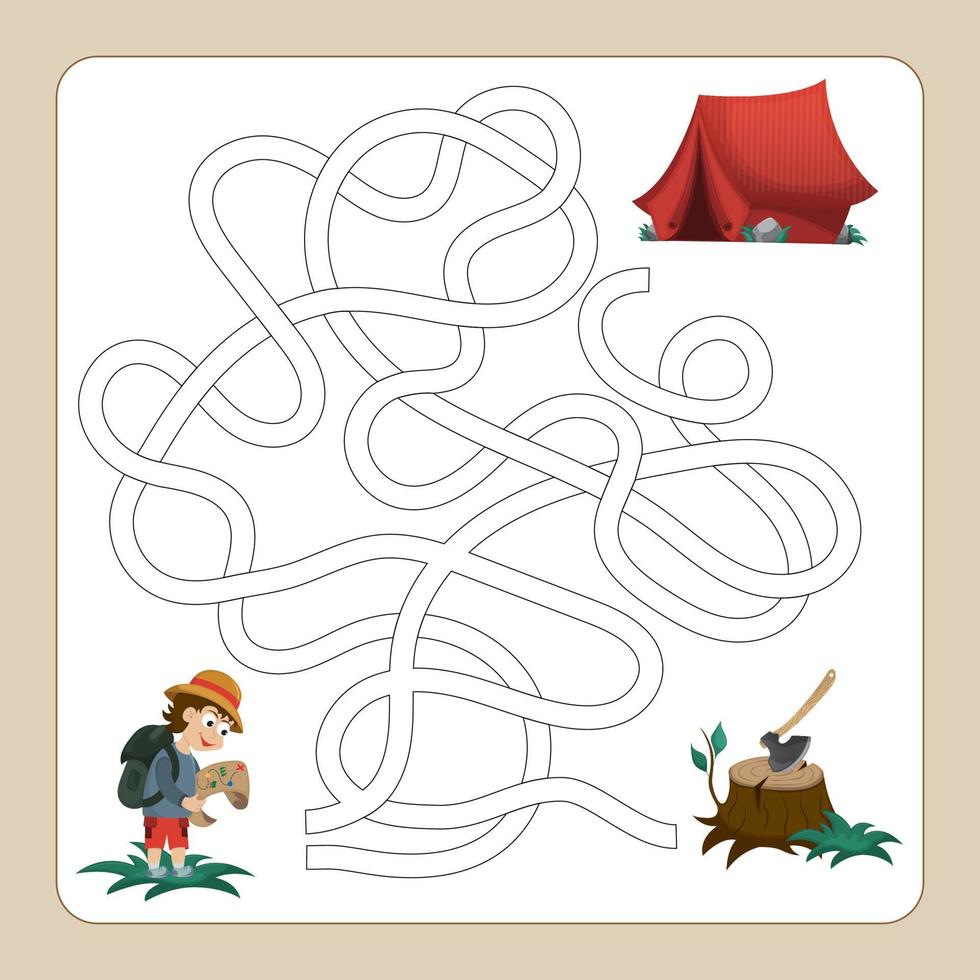 einen Weg zum Zelt finden. pädagogisches Arbeitsblatt. Logikspiel für Kinder. Labyrinth. wähle den richtigen Weg. vektor