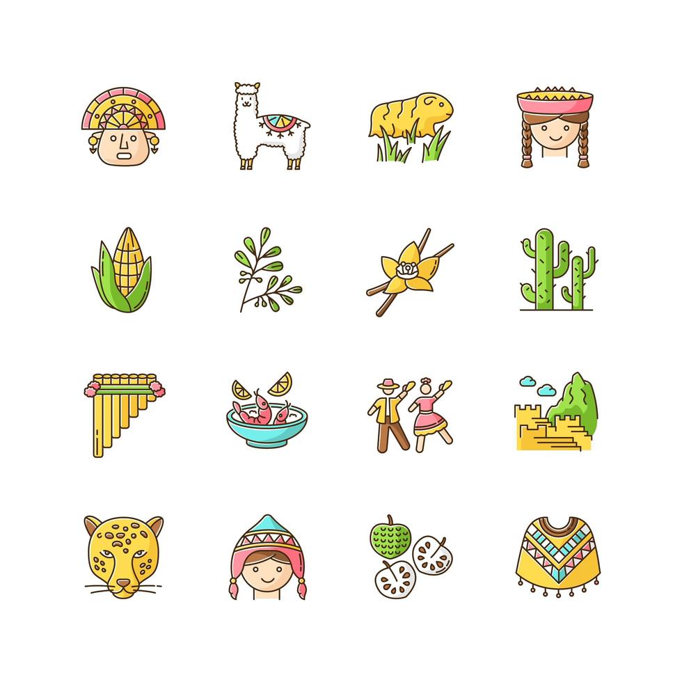 peru rgb färgikoner set. peruanska sevärdheter, kultur, natur, mat. reser i Latinamerika. alpaca, marsvin, siku, poncho, cherimoya, ceviche, jaguar, incas. isolerade vektorillustrationer vektor