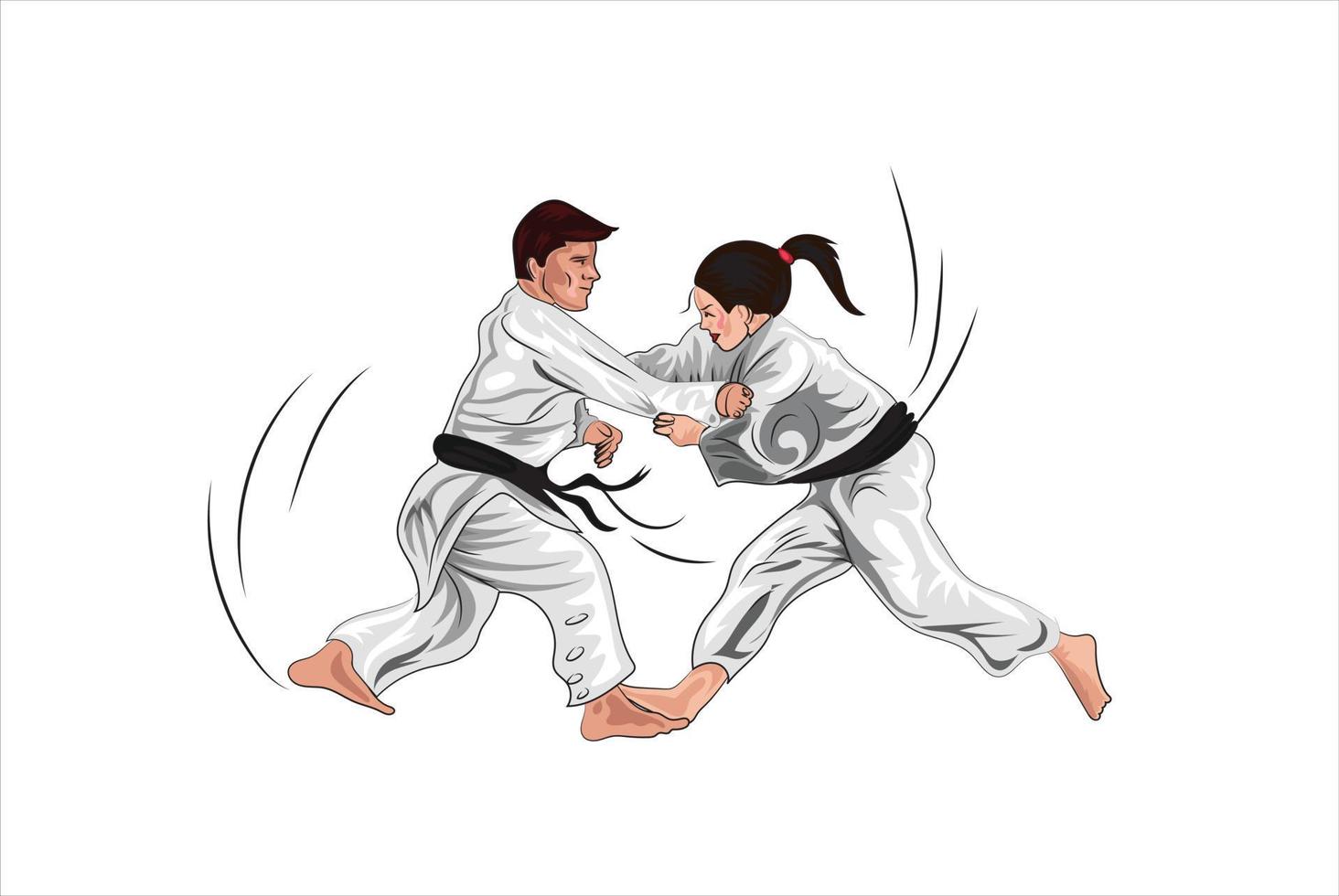 Karate-Vektor-Illustration isoliert auf weißem Hintergrund Satz von Karate-Posen im Cartoon-Stil Mädchen übt Tritte Kind im schwarzen Kimono mit rotem Gürtel und Stirnband mit Symbol der aufgehenden Sonne vektor