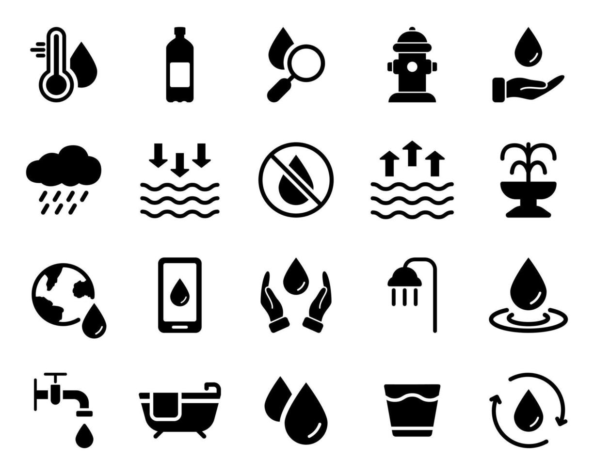 dryck rena vatten silhuett svart ikon uppsättning. vatten släppa ekologi flytande glyf piktogram. kran, knacka, fontän, soda, regn, dusch, bad renhet aqua symbol. isolerat vektor illustration.