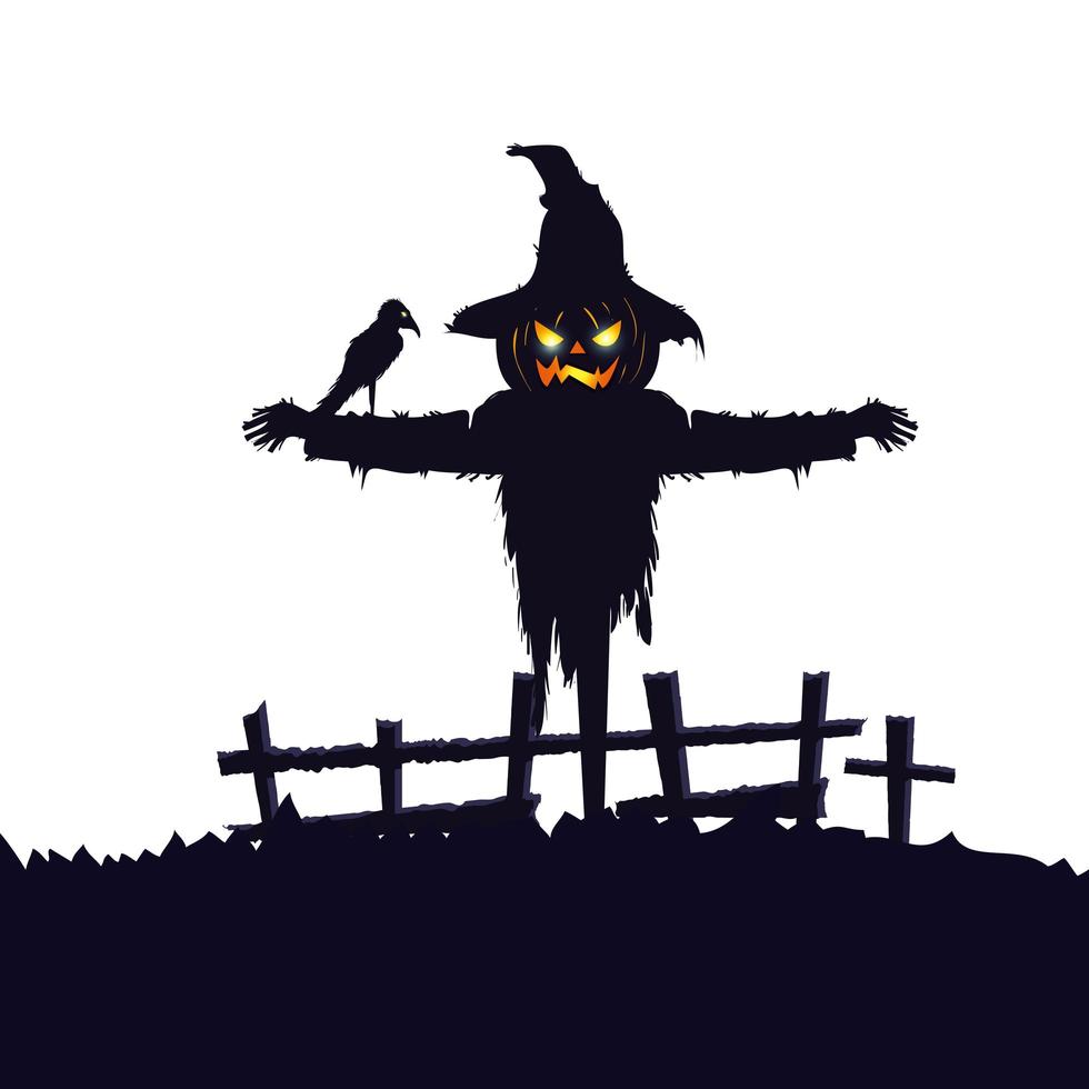 Vogelscheuche Halloween mit Rabe isolierte Ikone vektor