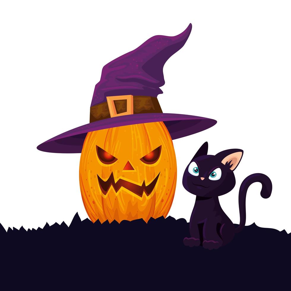 Halloween Kürbis mit Katze und Hexenhut vektor