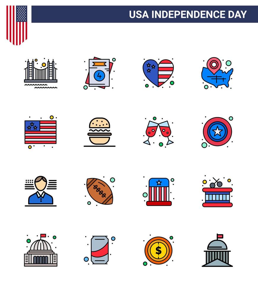 flach gefüllte Linienpackung mit 16 Symbolen für den Unabhängigkeitstag der USA von Wisconsin-Staaten USA-Kartenflagge editierbare USA-Tag-Vektordesign-Elemente vektor