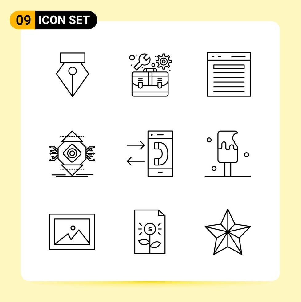9 kreativ ikoner för modern hemsida design och mottaglig mobil appar. 9 översikt symboler tecken på vit bakgrund. 9 ikon packa. vektor
