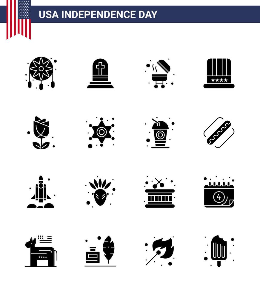 4. juli usa glücklicher unabhängigkeitstag symbol symbole gruppe von 16 modernen soliden glyphen von usa blume grill usa kappe editierbare usa tag vektor design elemente