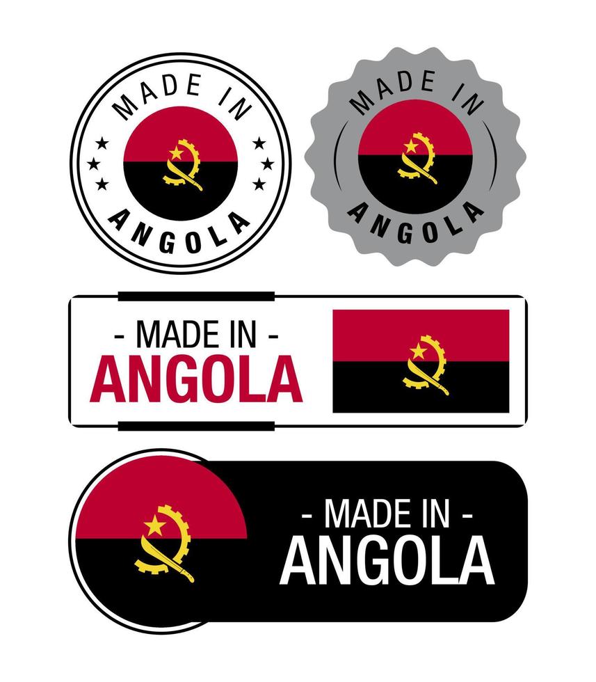 uppsättning av tillverkad i angola etiketter, logotyp, angola flagga, angola produkt emblem vektor