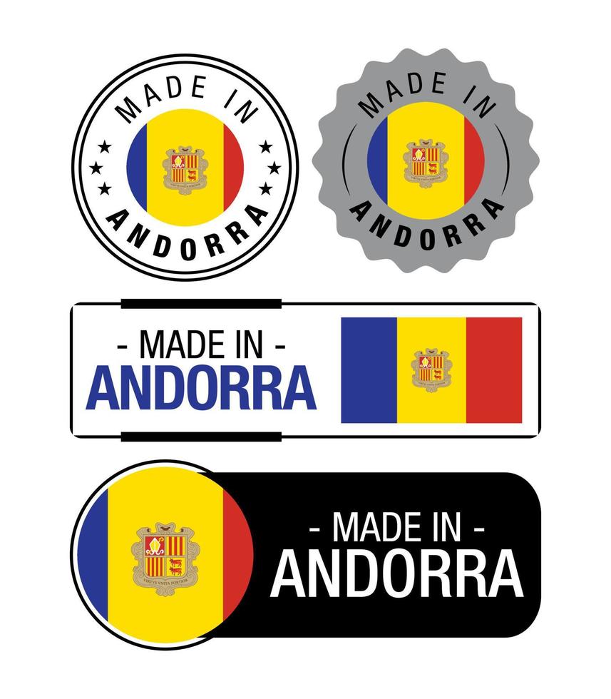 satz von in andorra hergestellten etiketten, logo, andorra-flagge, andorra-produktemblem vektor