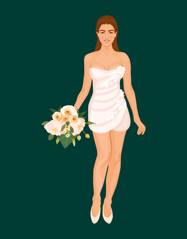 skön ung brud i kort bröllop klänning med elegant bukett. kvinna i vit klänning med blommor. vektor