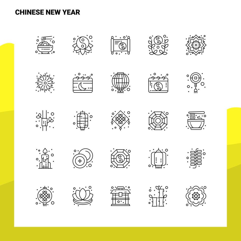 Set von chinesischen Neujahrsliniensymbolen Set 25 Symbole Vektor Minimalismus Stil Design schwarze Symbole Set lineares Piktogrammpaket