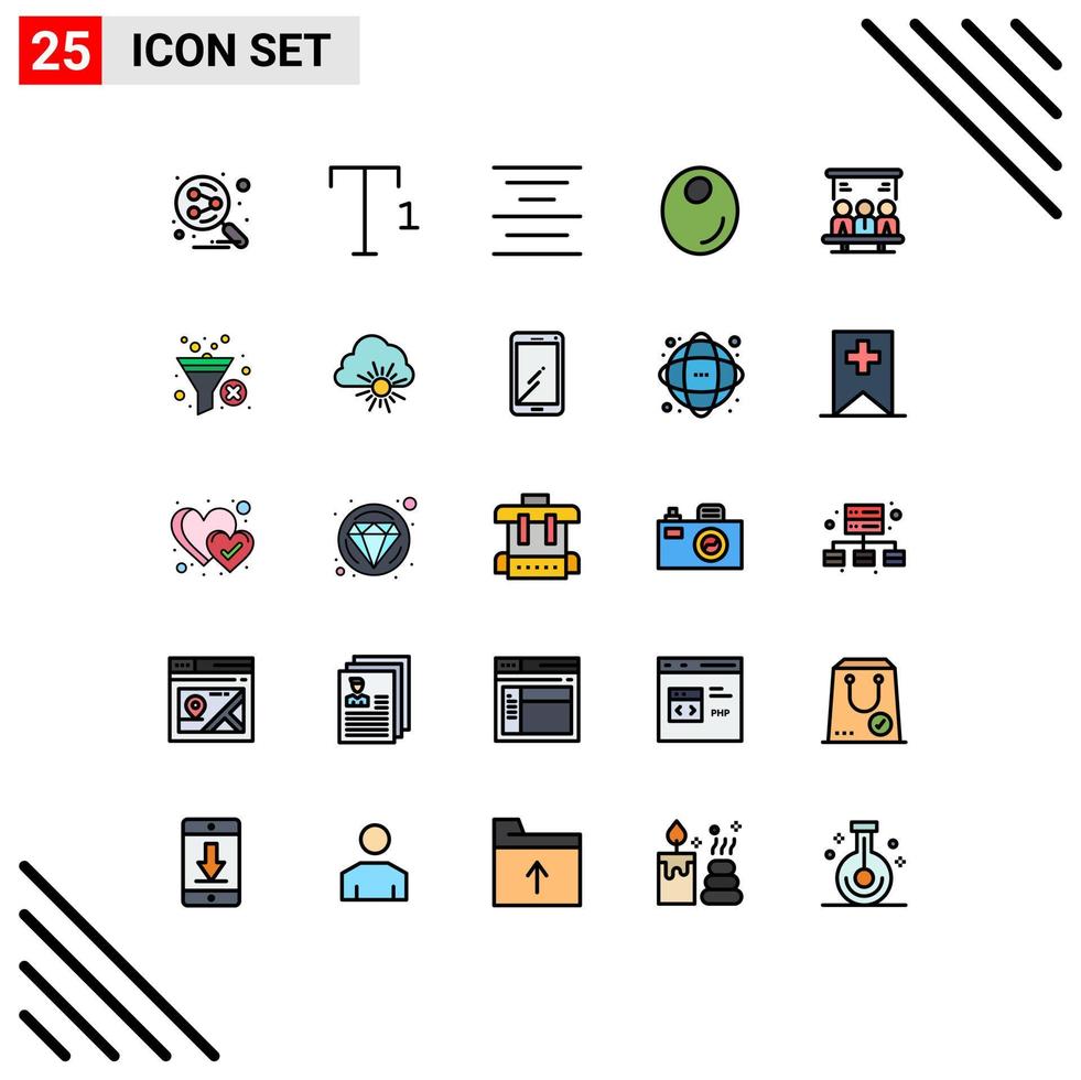 25 universell fylld linje platt färger uppsättning för webb och mobil tillämpningar tratt användare text teknologi projekt redigerbar vektor design element